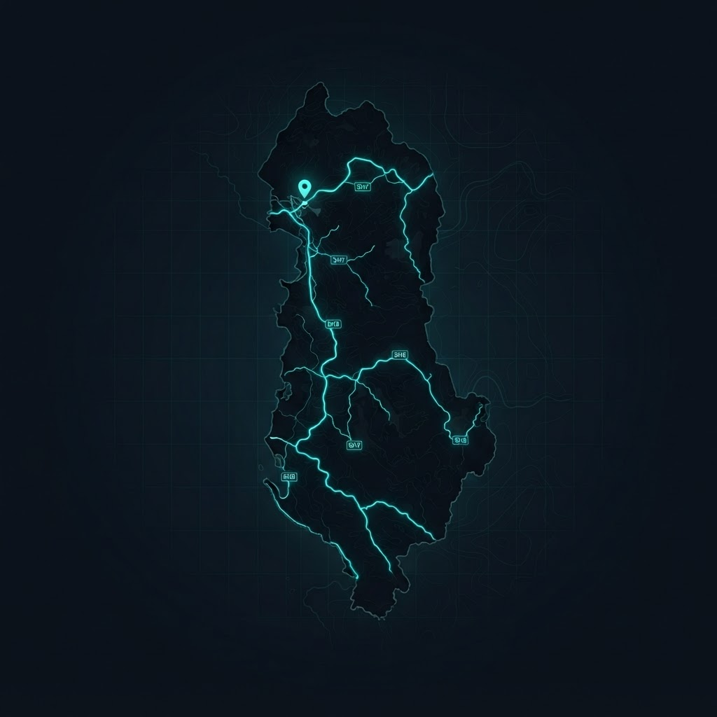 Stylised map of Albania on a dark background, with glowing teal route lines tracing coastal and inland roads and a location marker near Tirana airport.